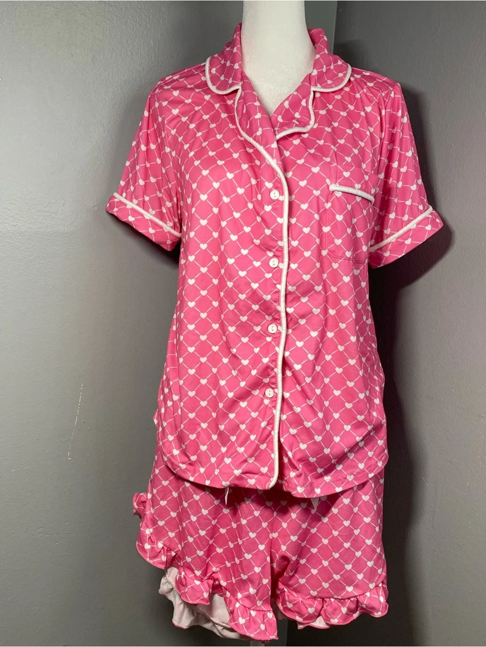 Jordann Jammies - ValentineHeart Lattice Short-Sleeve Pajama Set with White Trim